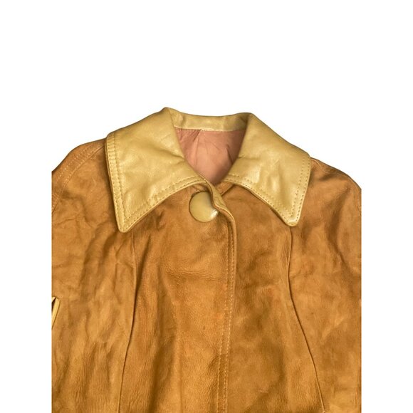Vintage 70s Suede & Leather Tan Cape Coat Sz Small Retro Boho Mod w/FLAWS - Picture 3 of 16